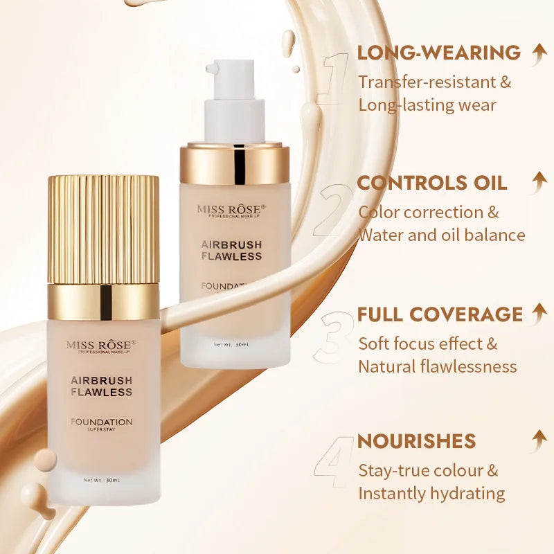 MISS ROSE Long Lasting Foundation Waterproof Sweatproof Natural Makeup Effect Concealer Liquid Base Facial Makeup Daily Cosmetic