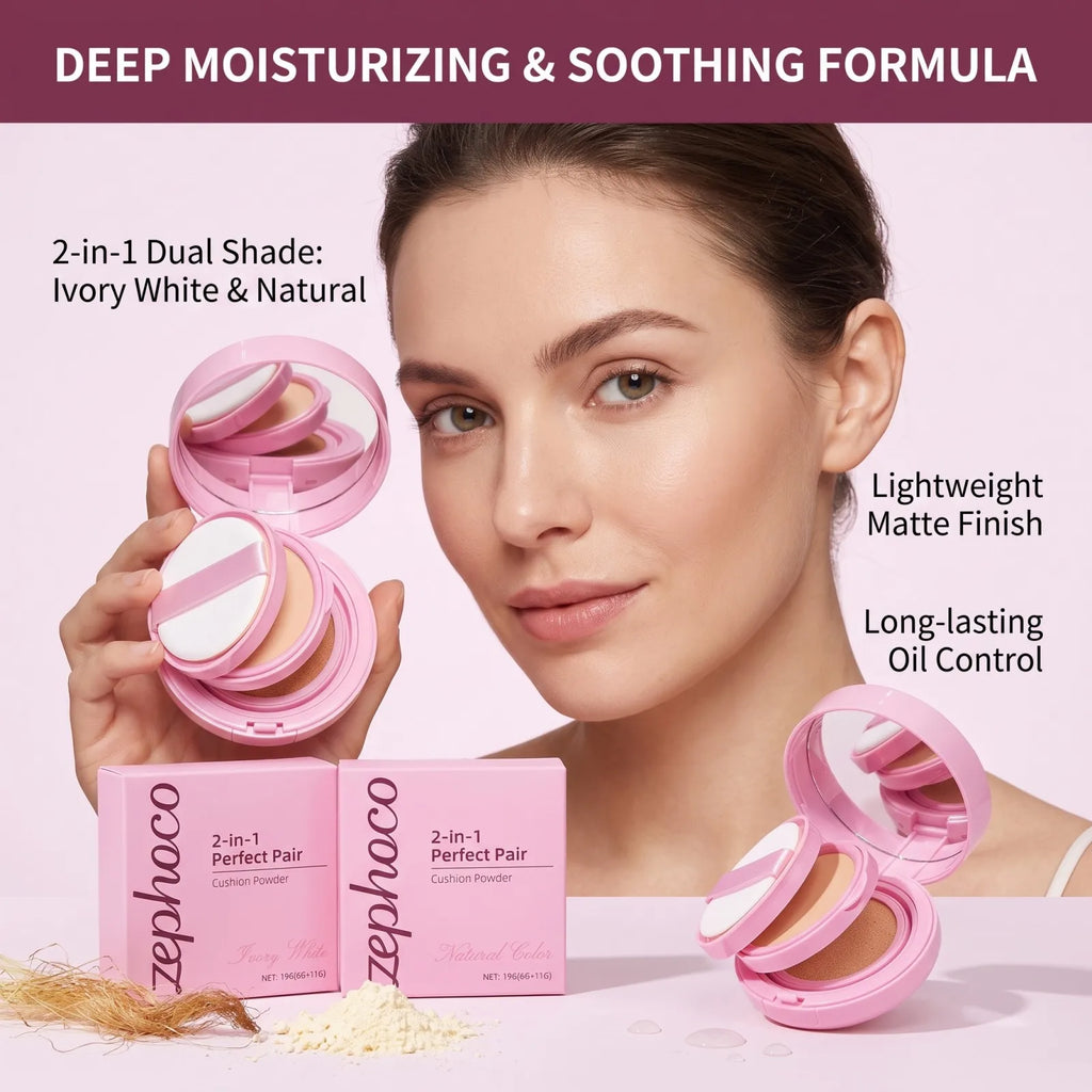 2-in-1 Cushion Foundation & Setting Powder Set Lightweight Matte Finish Long-Lasting Oil Control 3 Shade All-Day Flawless Base