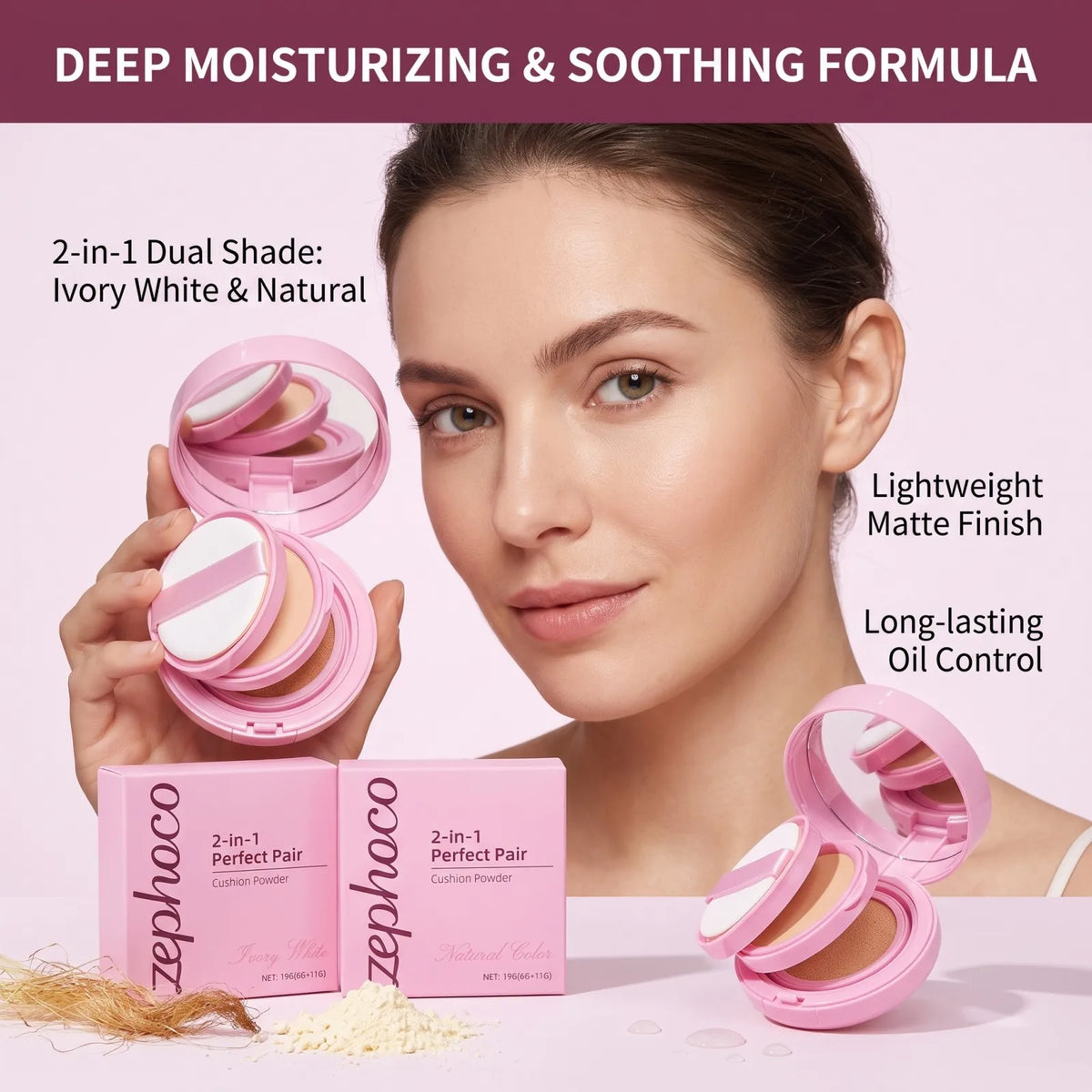 2-in-1 Cushion Foundation & Setting Powder Set Lightweight Matte Finish Long-Lasting Oil Control 3 Shade All-Day Flawless Base
