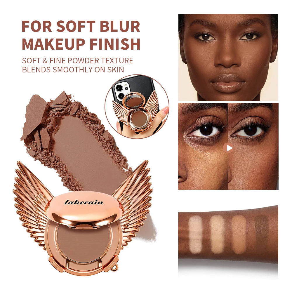 2 In 1 Angel Wings Retractable Airbag Phone Grip With Pressed Powder Compact Mirror And Puff Matte Oil Control Makeup Setting