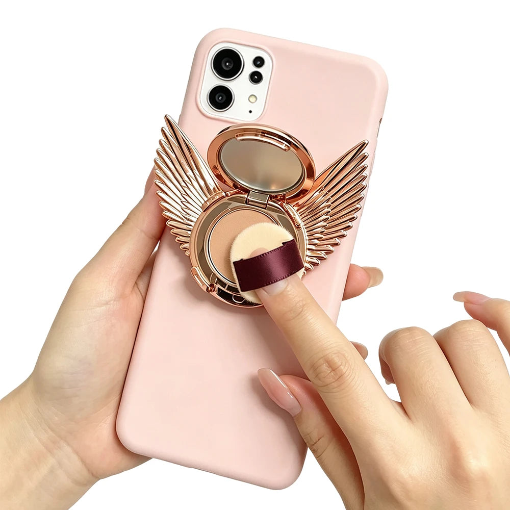 2 In 1 Angel Wings Retractable Airbag Phone Grip With Pressed Powder Compact Mirror And Puff Matte Oil Control Makeup Setting