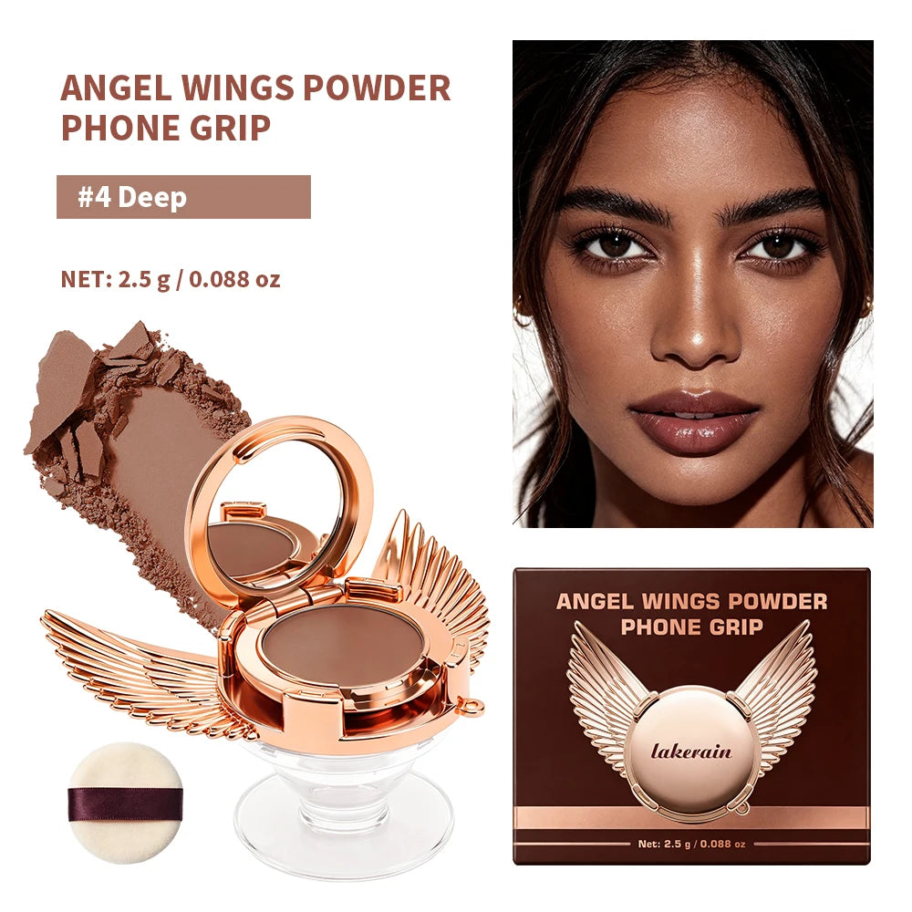 2 In 1 Angel Wings Retractable Airbag Phone Grip With Pressed Powder Compact Mirror And Puff Matte Oil Control Makeup Setting