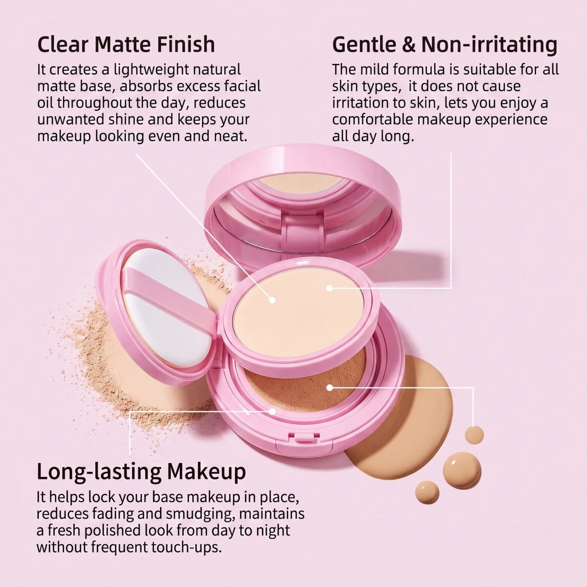 2-in-1 Cushion Foundation & Setting Powder Set Lightweight Matte Finish Long-Lasting Oil Control 3 Shade All-Day Flawless Base