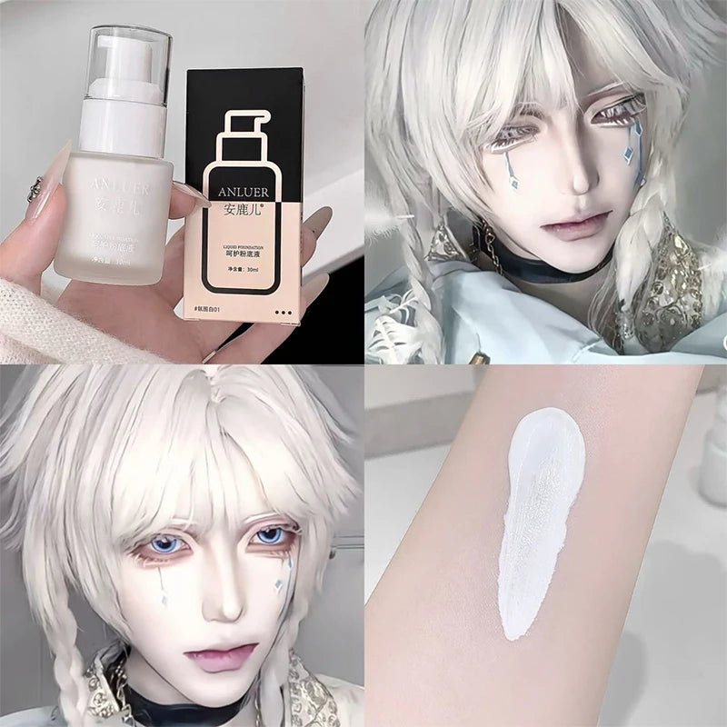 Matte White Liquid Foundation Makeup Waterproof & Long-Lasting Buildable Coverage Primer & Concealer Stick for Halloween Cosplay