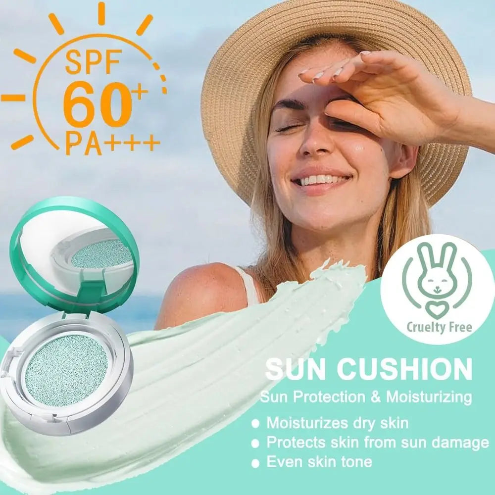 Facial Tinted Sunscreen SPF60 Sun Cushion Oil-Free Moisturizing & Soothing Face BB Cream Lightweight Natural Dewy