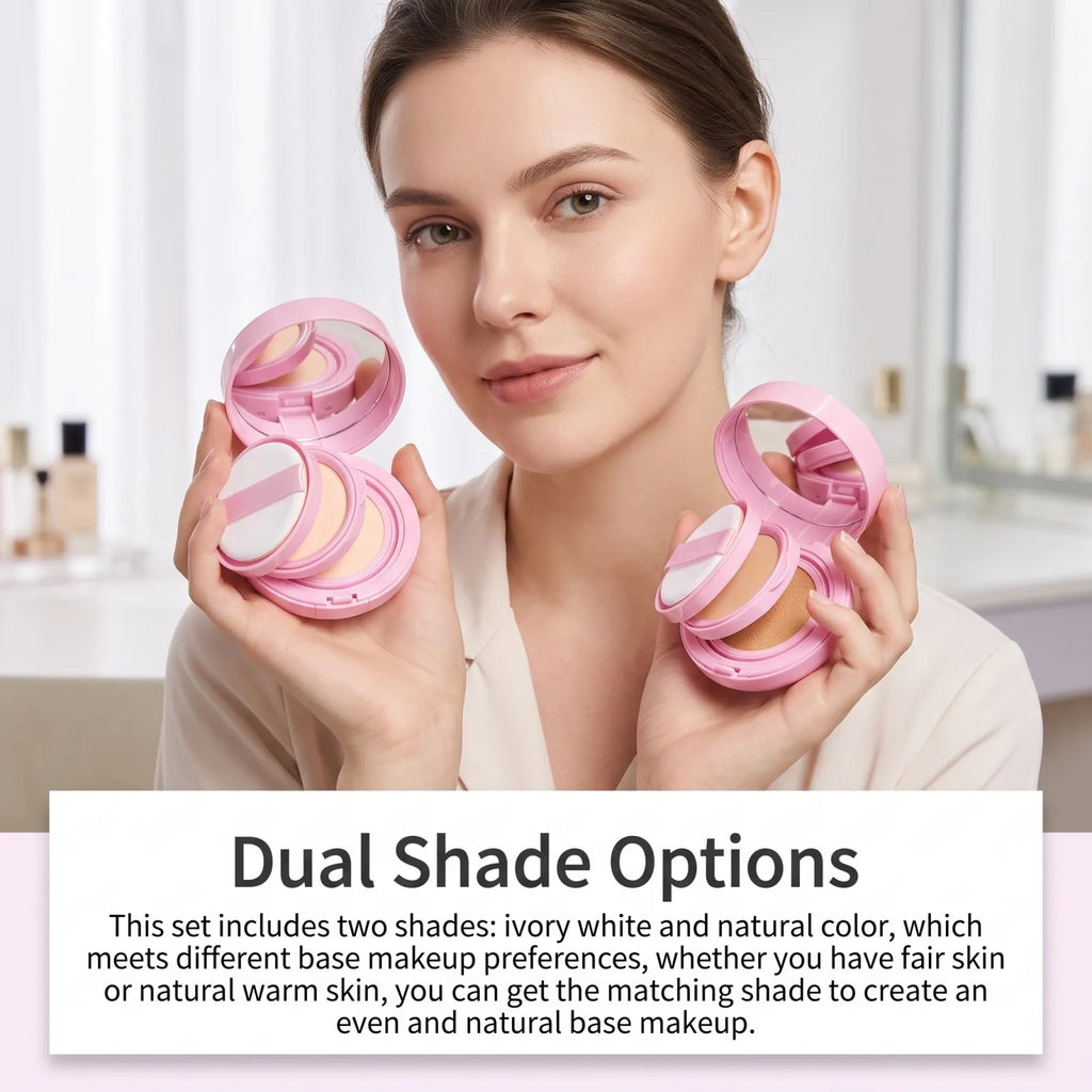 2-in-1 Cushion Foundation & Setting Powder Set Lightweight Matte Finish Long-Lasting Oil Control 3 Shade All-Day Flawless Base