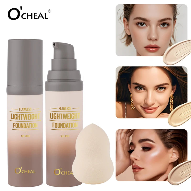 O'CHEAL Flawsless Lightweight Foundation With Puff Oil Control Waterproof Long-lasting Cover Up Moisturizing Coverage Makeup