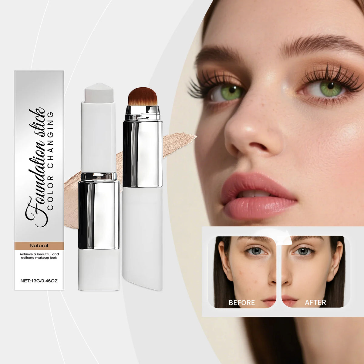 2 in 1 Brush Head Foundation Stick Color Changing Lightweight Smooth Long-lasting Coverage Creating A Perfect Face Makeup Effect