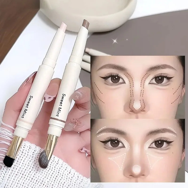 Dual-Ended Nose Shadow Contour Pen With Sumdge Brush Face Brightening Contouring Highlight Stick Cream-Textured Nose Shadow Pen