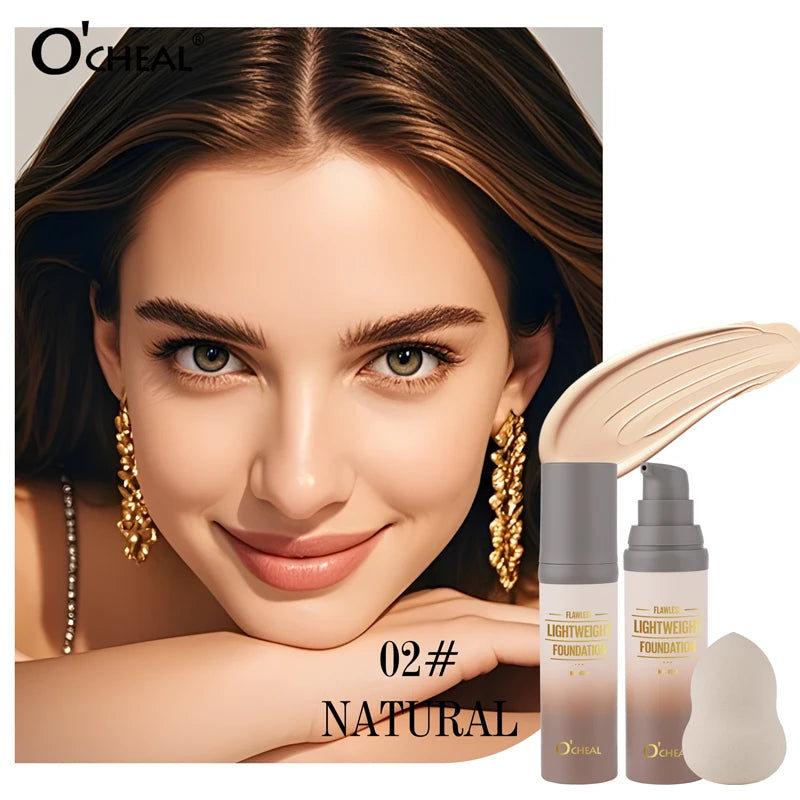 O'CHEAL Flawsless Lightweight Foundation With Puff Oil Control Waterproof Long-lasting Cover Up Moisturizing Coverage Makeup