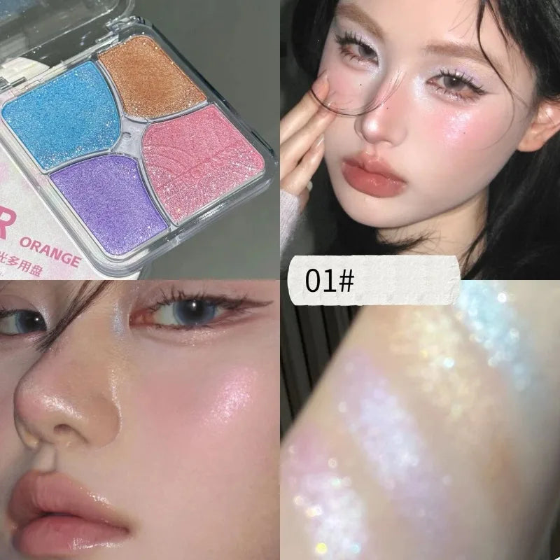 4-Color Face Highlighter Palette Natural Glow High Gloss Glitter Shimmer Baked Powder Long Lasting Contour Highlighter Makeup