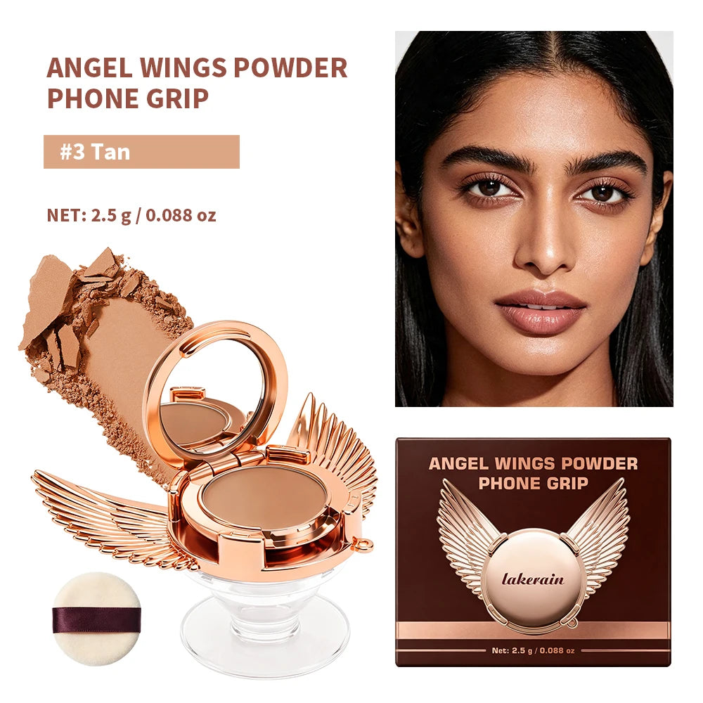 2 In 1 Angel Wings Retractable Airbag Phone Grip With Pressed Powder Compact Mirror And Puff Matte Oil Control Makeup Setting