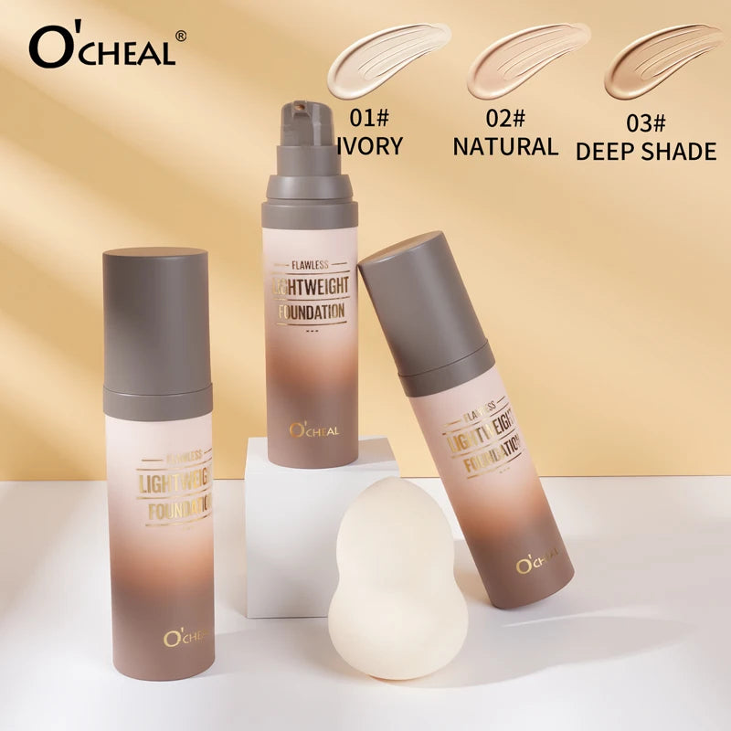 O'CHEAL Flawsless Lightweight Foundation With Puff Oil Control Waterproof Long-lasting Cover Up Moisturizing Coverage Makeup