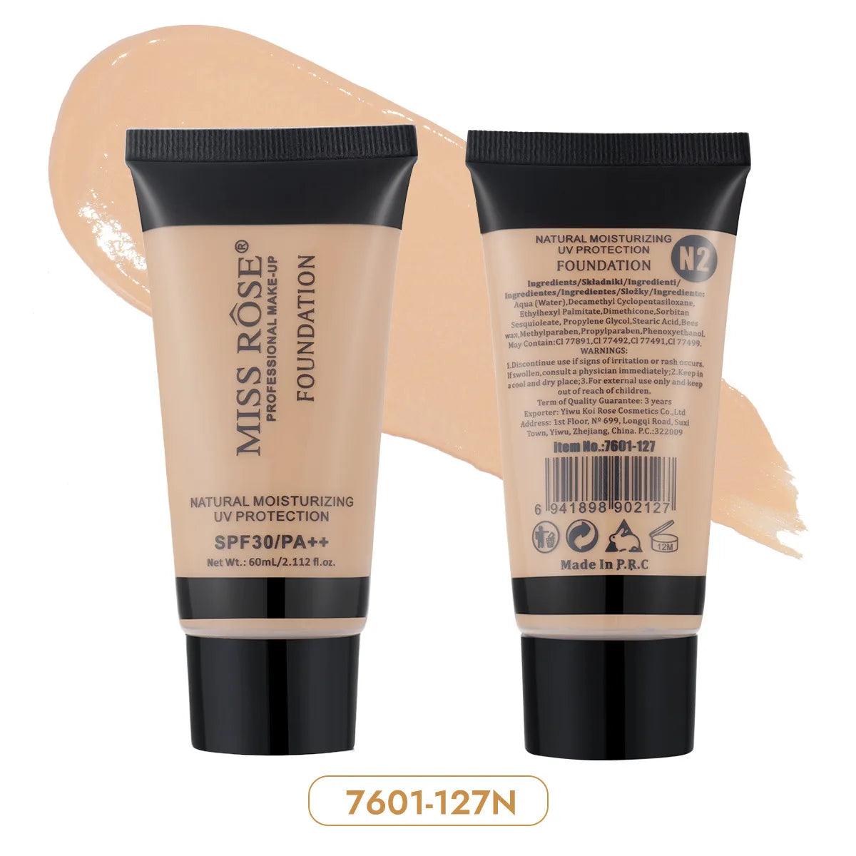 MISS ROSE 60ml Liquid Foundation Moisturizing Long Lasting Concealer Cream Brightening Contouring Full Coverage Facial Makeup