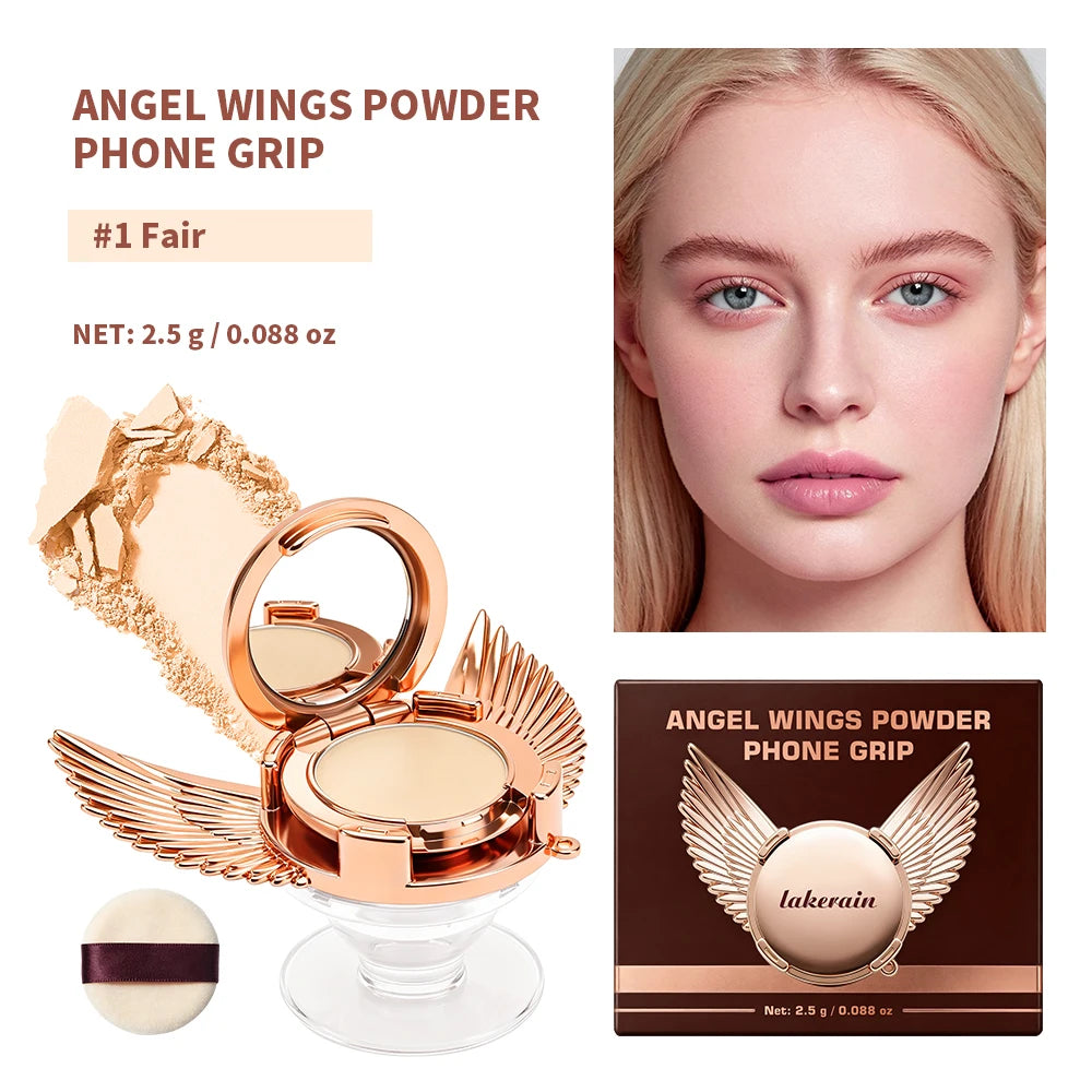 2 In 1 Angel Wings Retractable Airbag Phone Grip With Pressed Powder Compact Mirror And Puff Matte Oil Control Makeup Setting