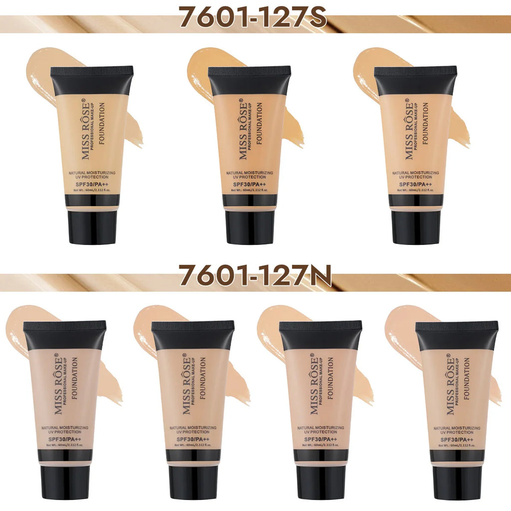 MISS ROSE 60ml Liquid Foundation Moisturizing Long Lasting Concealer Cream Brightening Contouring Full Coverage Facial Makeup