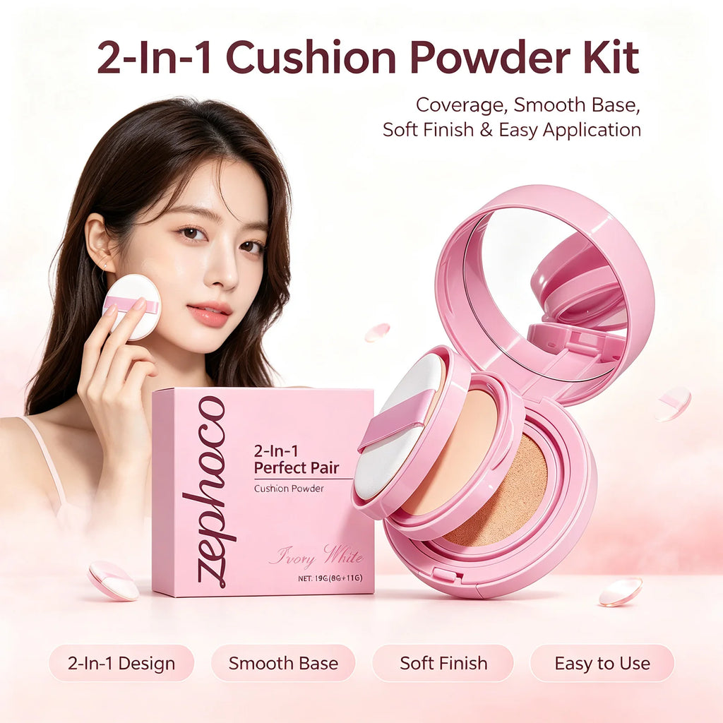 2-in-1 Cushion Foundation & Setting Powder Set Lightweight Matte Finish Long-Lasting Oil Control 3 Shade All-Day Flawless Base
