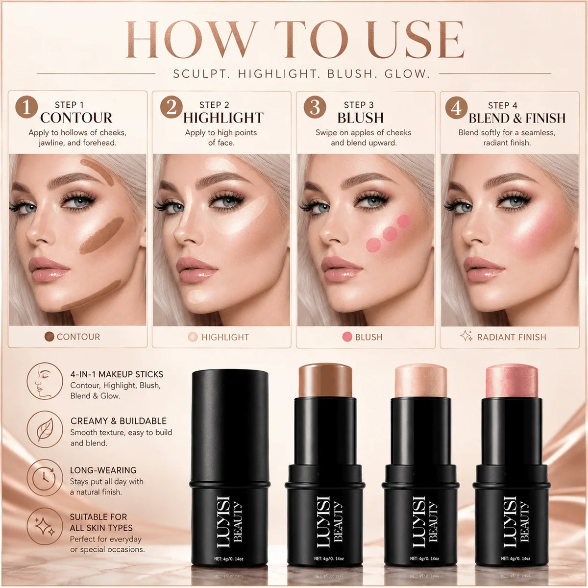 3Pcs Face Makeup Set:Contour&Blusher&Highlighter Stick,Creamy,Blendable Formula,Natural Dewy Glow Finish,Soft And Texture. - AliExpress 66