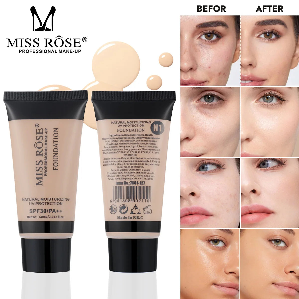 MISS ROSE 60ml Liquid Foundation Moisturizing Long Lasting Concealer Cream Brightening Contouring Full Coverage Facial Makeup