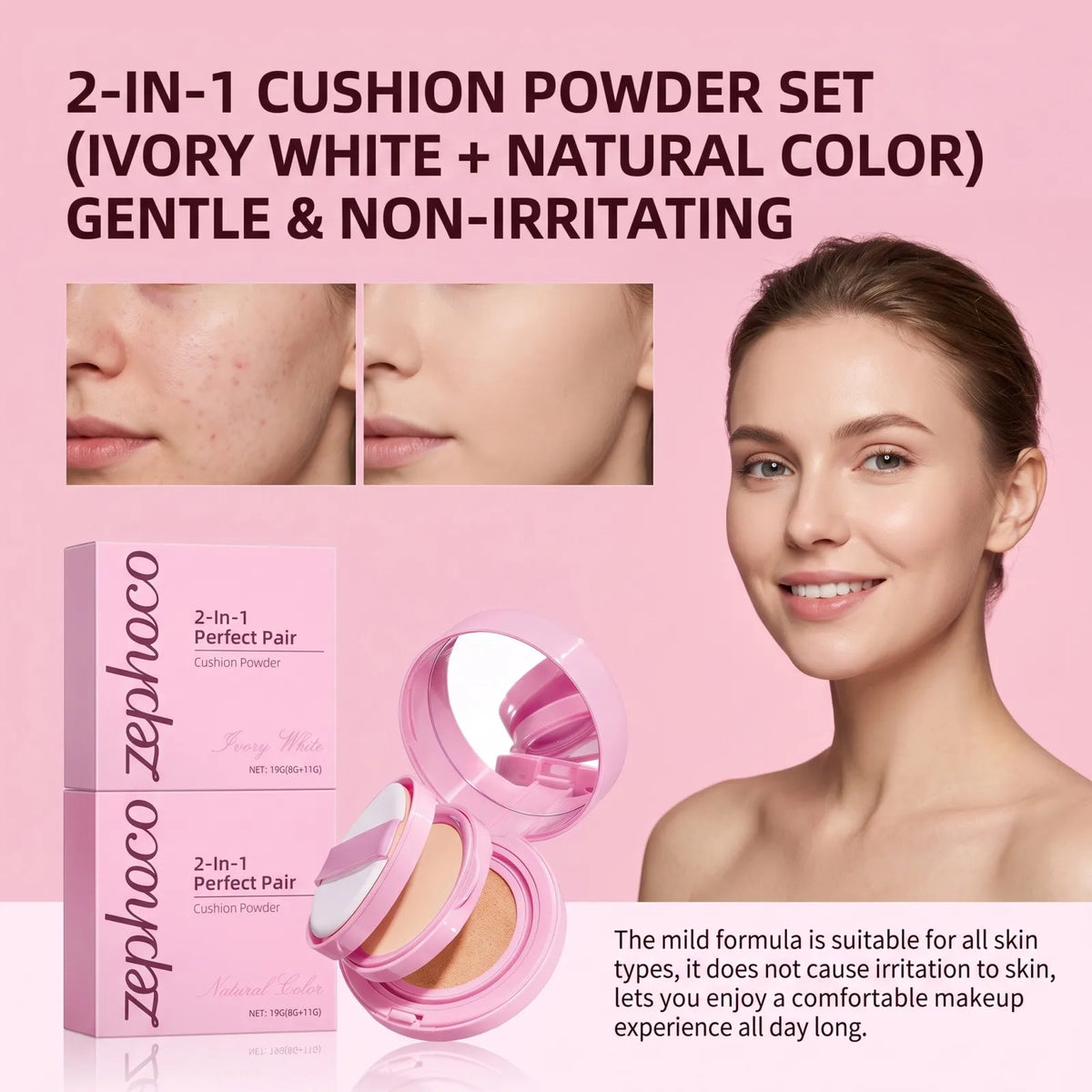 2-in-1 Cushion Foundation & Setting Powder Set Lightweight Matte Finish Long-Lasting Oil Control 3 Shade All-Day Flawless Base