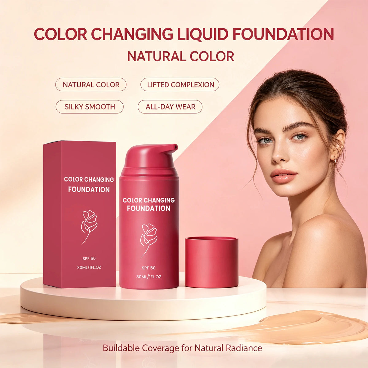 Color Changing Foundation Spf50 Full Coverage Natural Radiant Adaptive Skin Tone Liquid Foundation Face Makeup