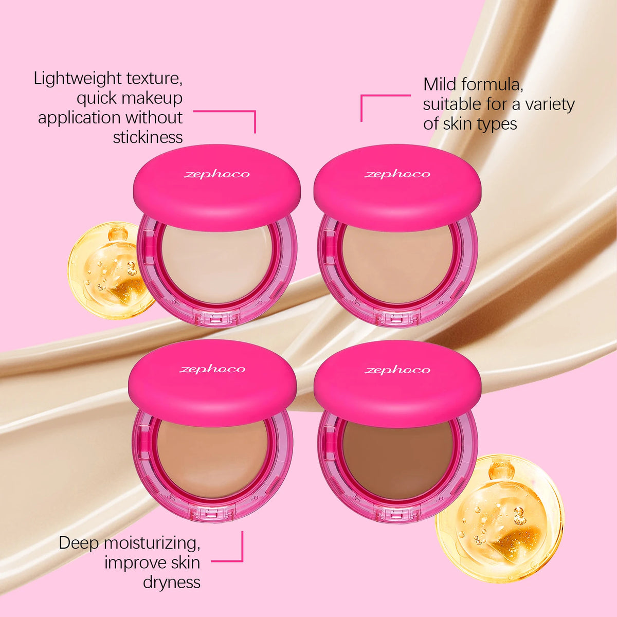 Moisturizing foundation cream, lightweight and smooth, hydrates and nourishes the skin, conceals imperfections, suitable for oil
