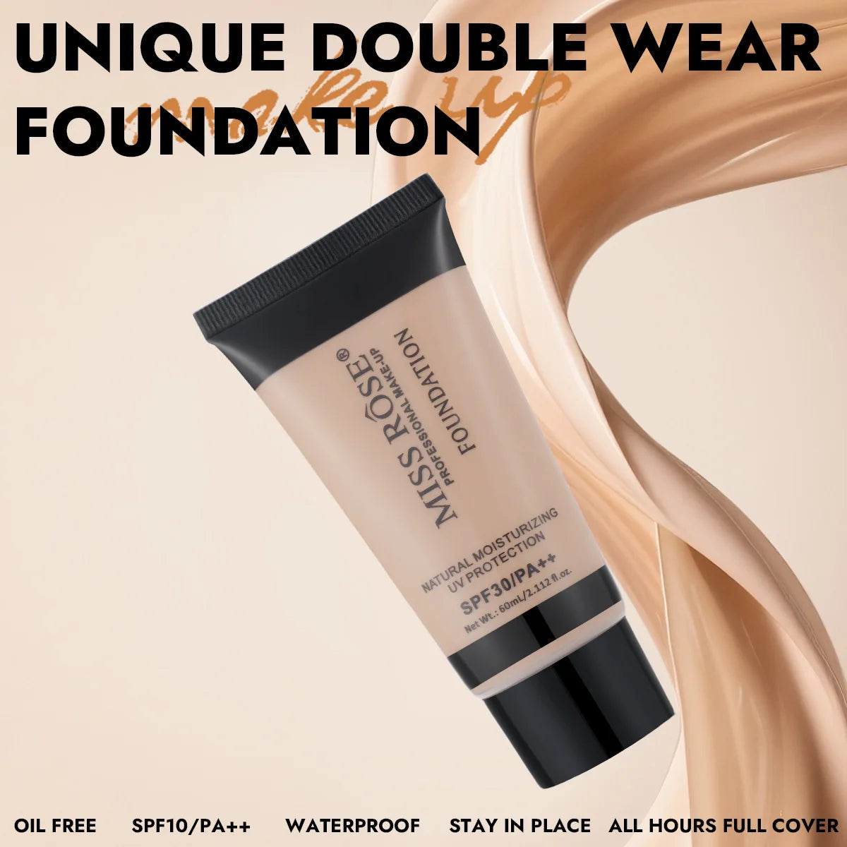 MISS ROSE 60ml Liquid Foundation Moisturizing Long Lasting Concealer Cream Brightening Contouring Full Coverage Facial Makeup