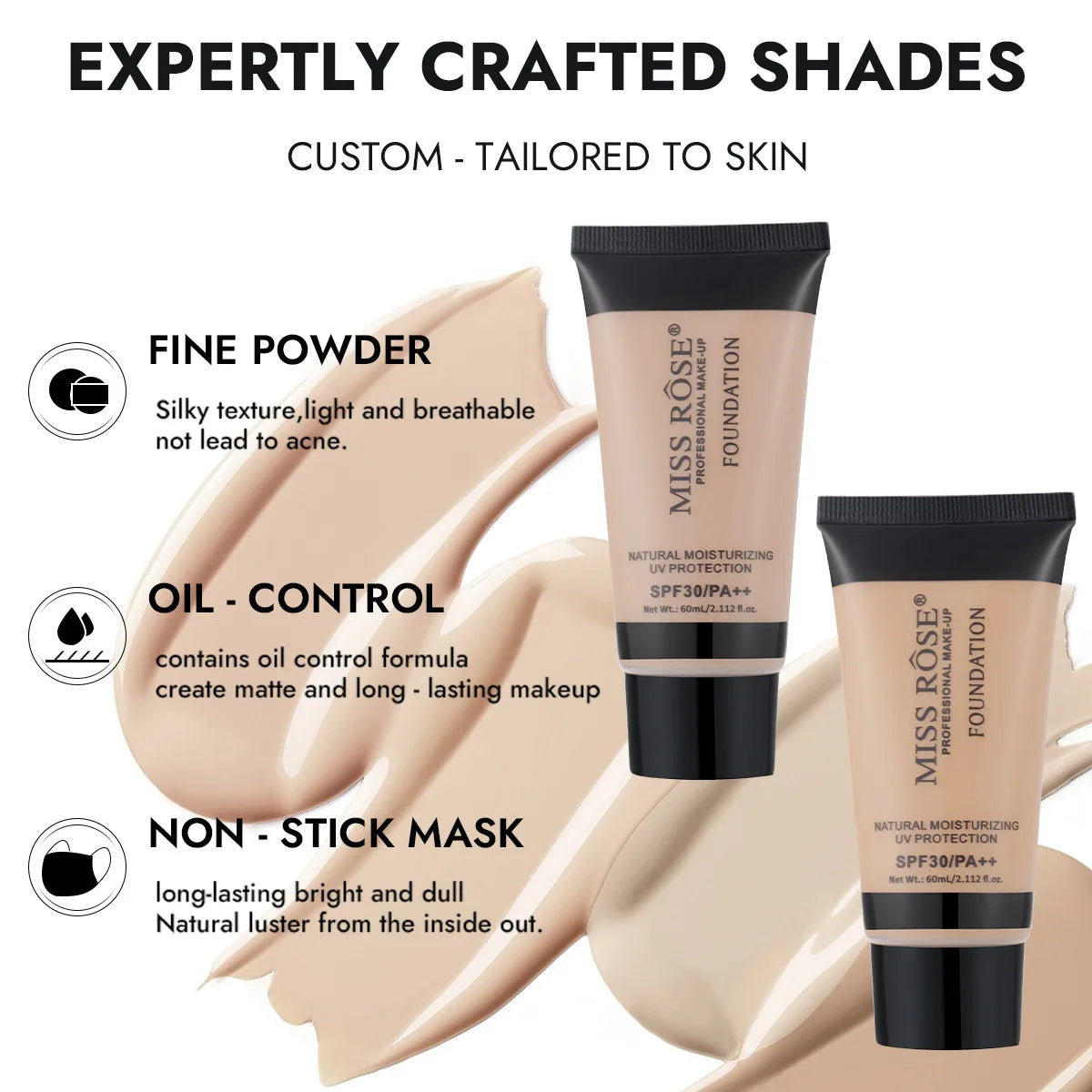 MISS ROSE 60ml Liquid Foundation Moisturizing Long Lasting Concealer Cream Brightening Contouring Full Coverage Facial Makeup