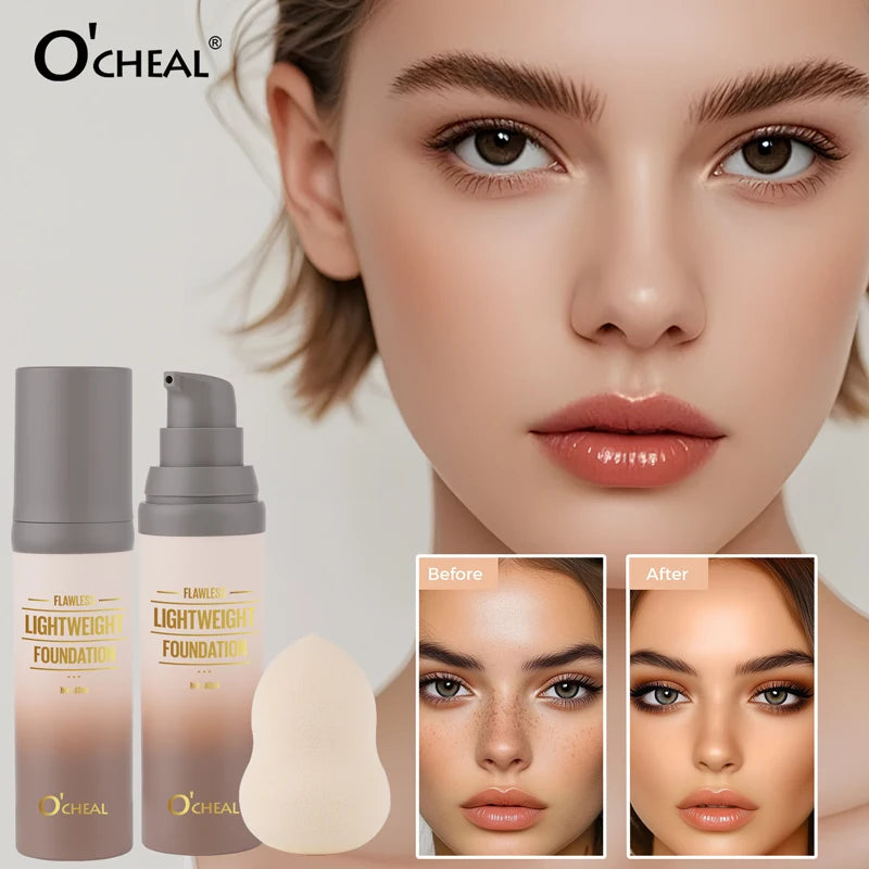 O'CHEAL Flawsless Lightweight Foundation With Puff Oil Control Waterproof Long-lasting Cover Up Moisturizing Coverage Makeup
