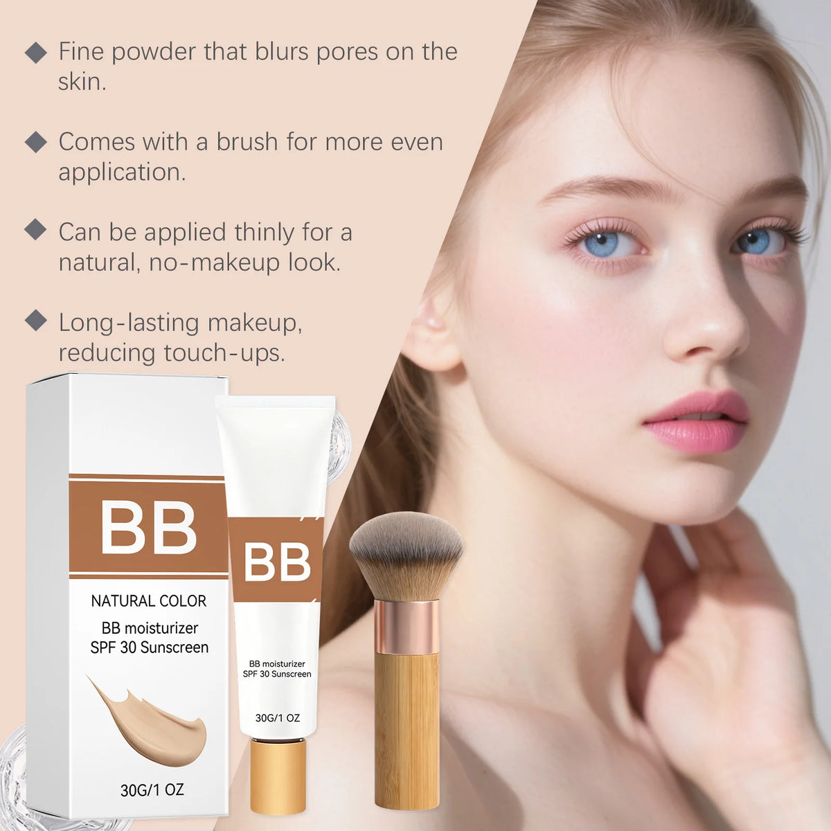 SPF 30 Tinted Moisturizer BB Cream with Hyaluronic Acid Hydrating Skin Tint Natural Glow Foundation & Eco Brush Face Makeup