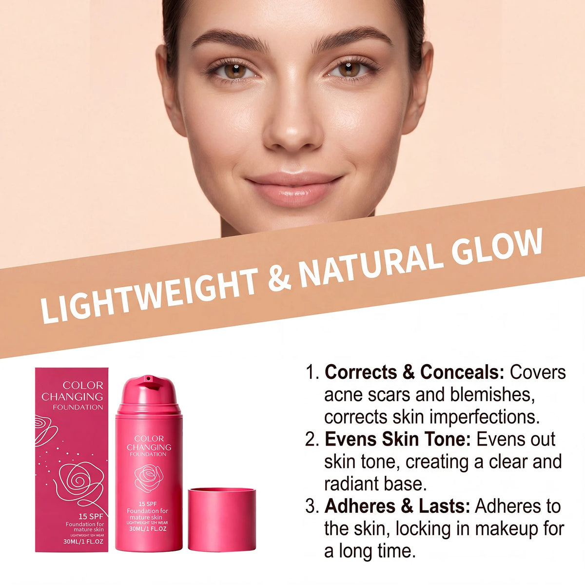Color Changing Foundation Natural Color SPF15 Sun Protection Full Coverage Conceal Skin Flaws Lightweight Facial Primer Makeup