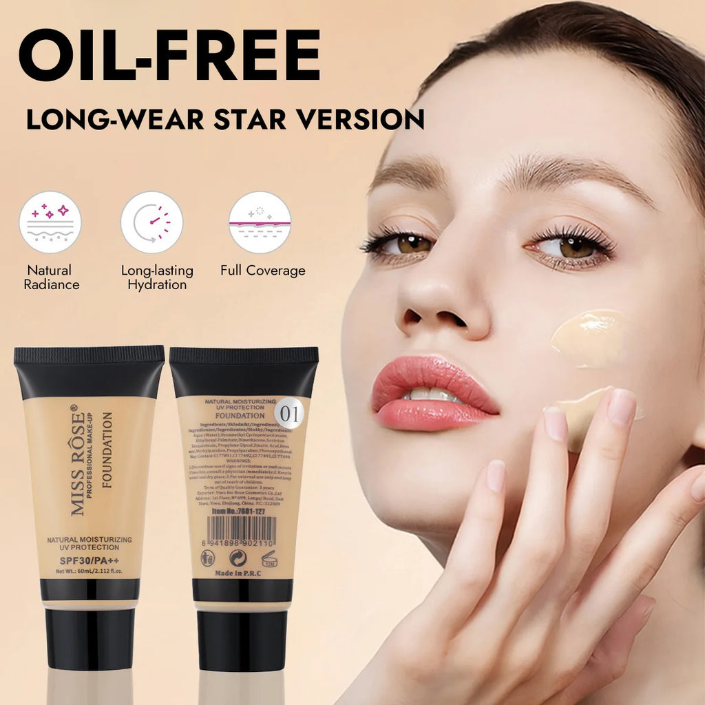 MISS ROSE 60ml Liquid Foundation Moisturizing Long Lasting Concealer Cream Brightening Contouring Full Coverage Facial Makeup