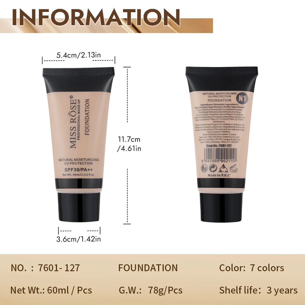 MISS ROSE 60ml Liquid Foundation Moisturizing Long Lasting Concealer Cream Brightening Contouring Full Coverage Facial Makeup