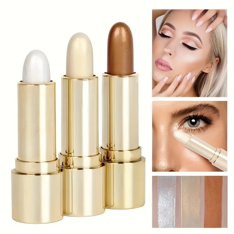 3 Color Highlighter Stick Portable Face Contour Natural Shimmer Glow Long-Lasting Cream Highlighter for Cheekbones Nose - AliExpress 66