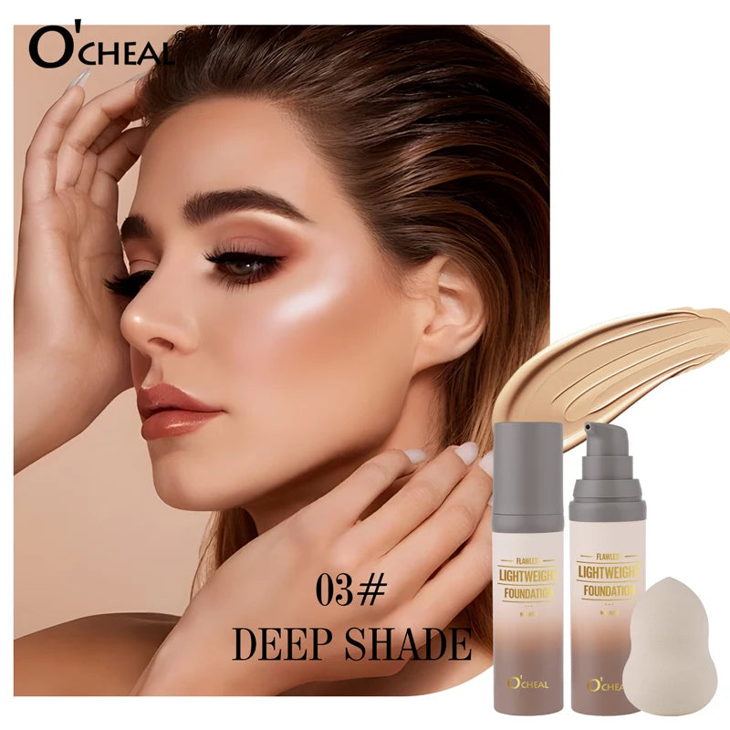 O'CHEAL Flawsless Lightweight Foundation With Puff Oil Control Waterproof Long-lasting Cover Up Moisturizing Coverage Makeup