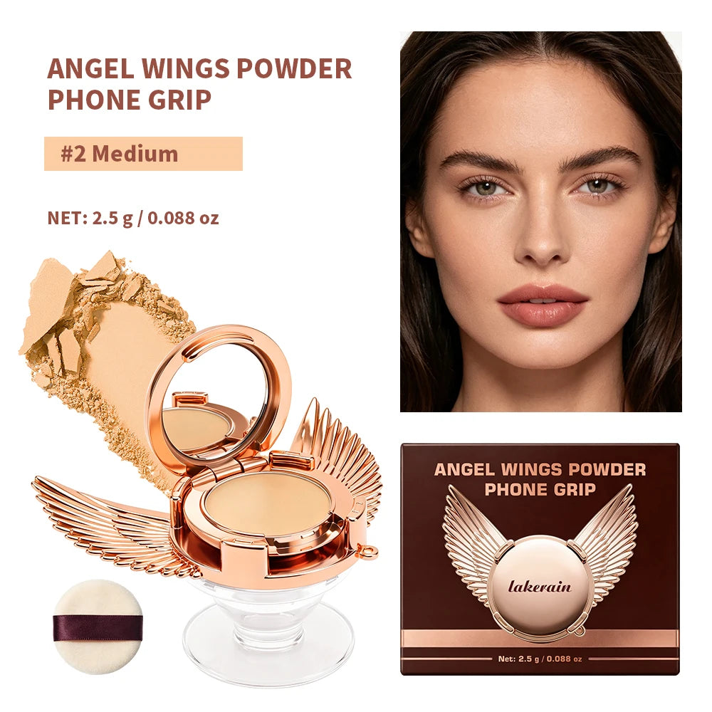 2 In 1 Angel Wings Retractable Airbag Phone Grip With Pressed Powder Compact Mirror And Puff Matte Oil Control Makeup Setting