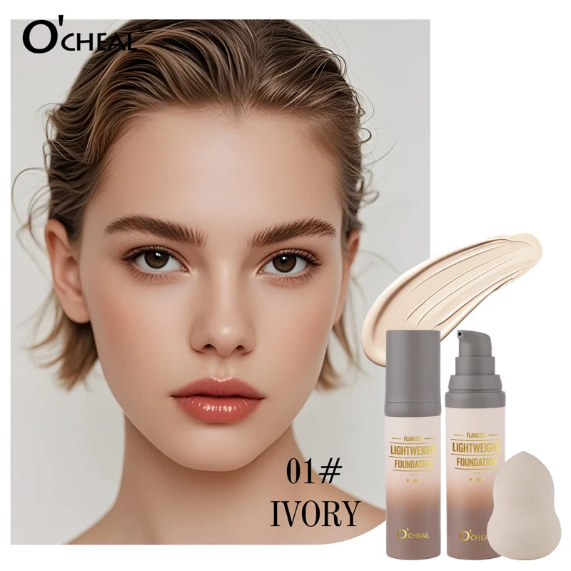 O'CHEAL Flawsless Lightweight Foundation With Puff Oil Control Waterproof Long-lasting Cover Up Moisturizing Coverage Makeup