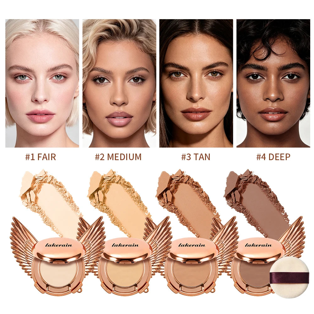 2 In 1 Angel Wings Retractable Airbag Phone Grip With Pressed Powder Compact Mirror And Puff Matte Oil Control Makeup Setting