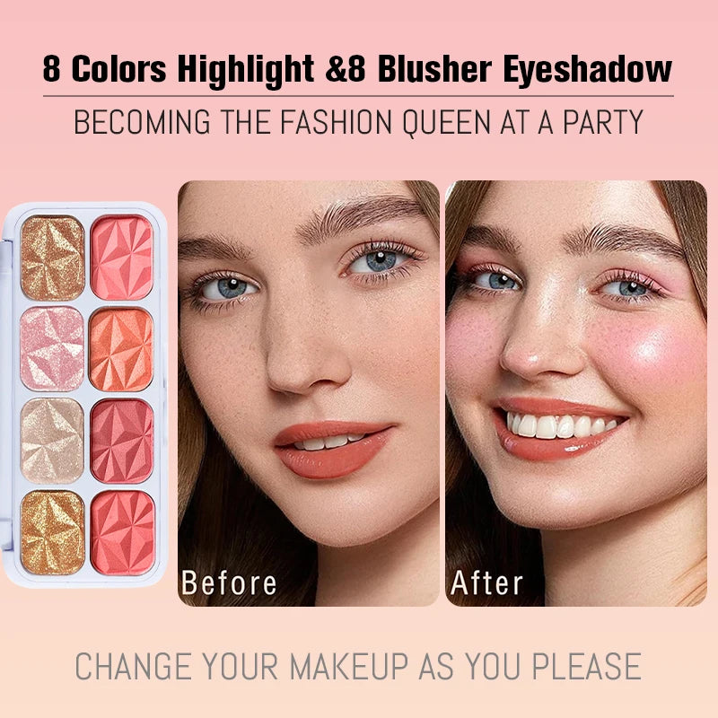 8 Colors Face Palette ¨C Blush, Eyeshadow & Highlighter All-in-One, Creamy Shimmer Finish, Easy Blend Buildable,Beginner Friendly