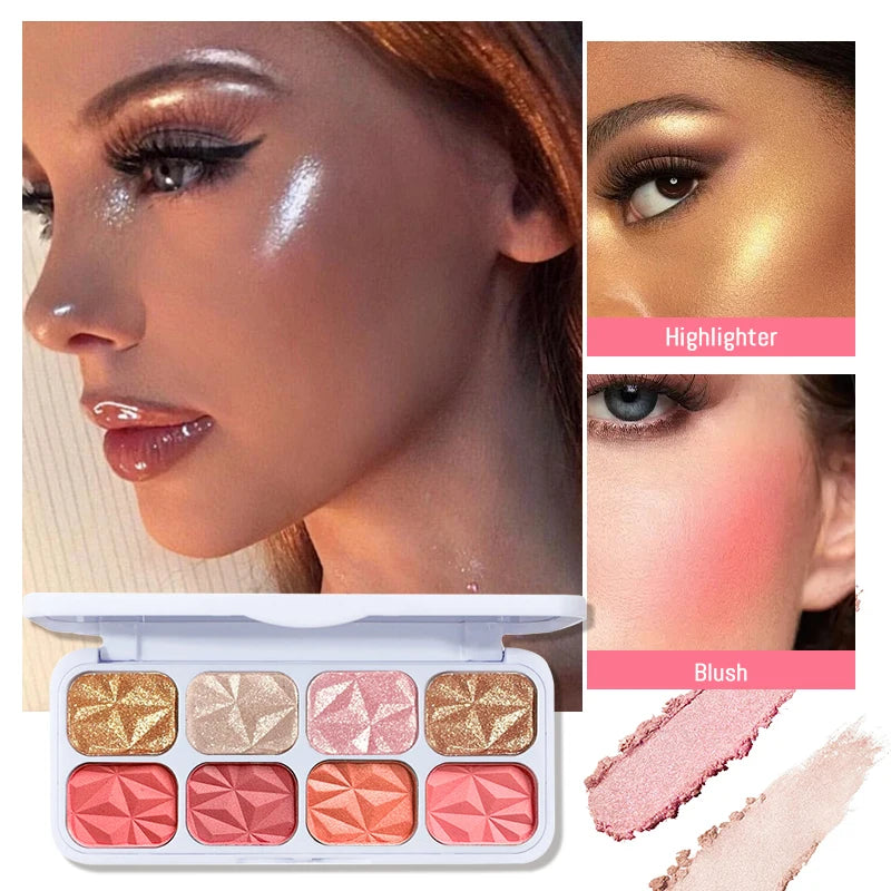 8 Colors Face Palette ¨C Blush, Eyeshadow & Highlighter All-in-One, Creamy Shimmer Finish, Easy Blend Buildable,Beginner Friendly