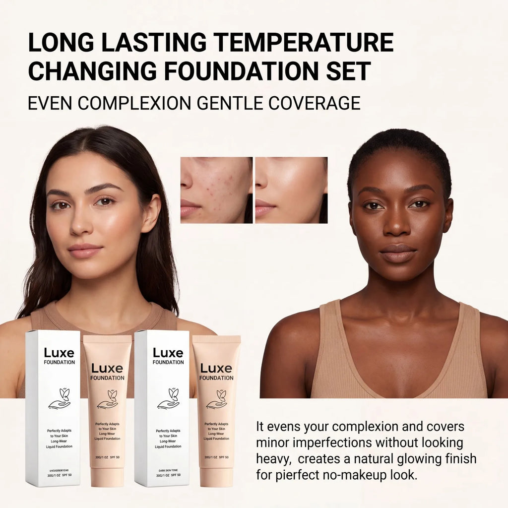 Luxe Temperature Changing Foundation Set Long Wear Liquid Makeup Skin Tone Adaptive Lightweight Natural Glow 30g SPF 50