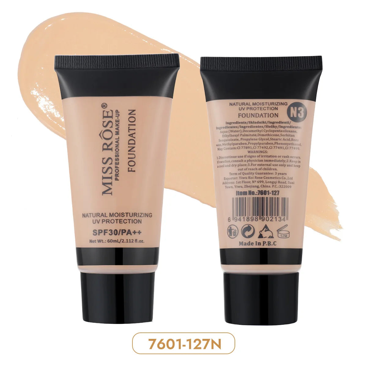 MISS ROSE 60ml Liquid Foundation Moisturizing Long Lasting Concealer Cream Brightening Contouring Full Coverage Facial Makeup